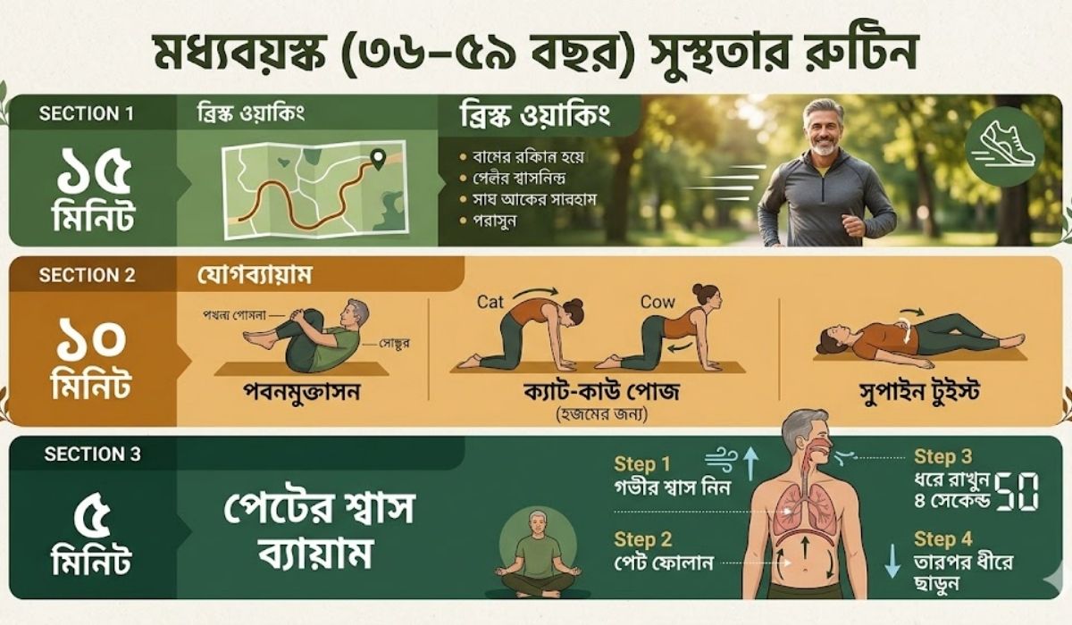 মধ্যবয়স্ক (৩৬–৫৯ বছর)  পেটের গ্যাস কমানোর ব্যায়াম